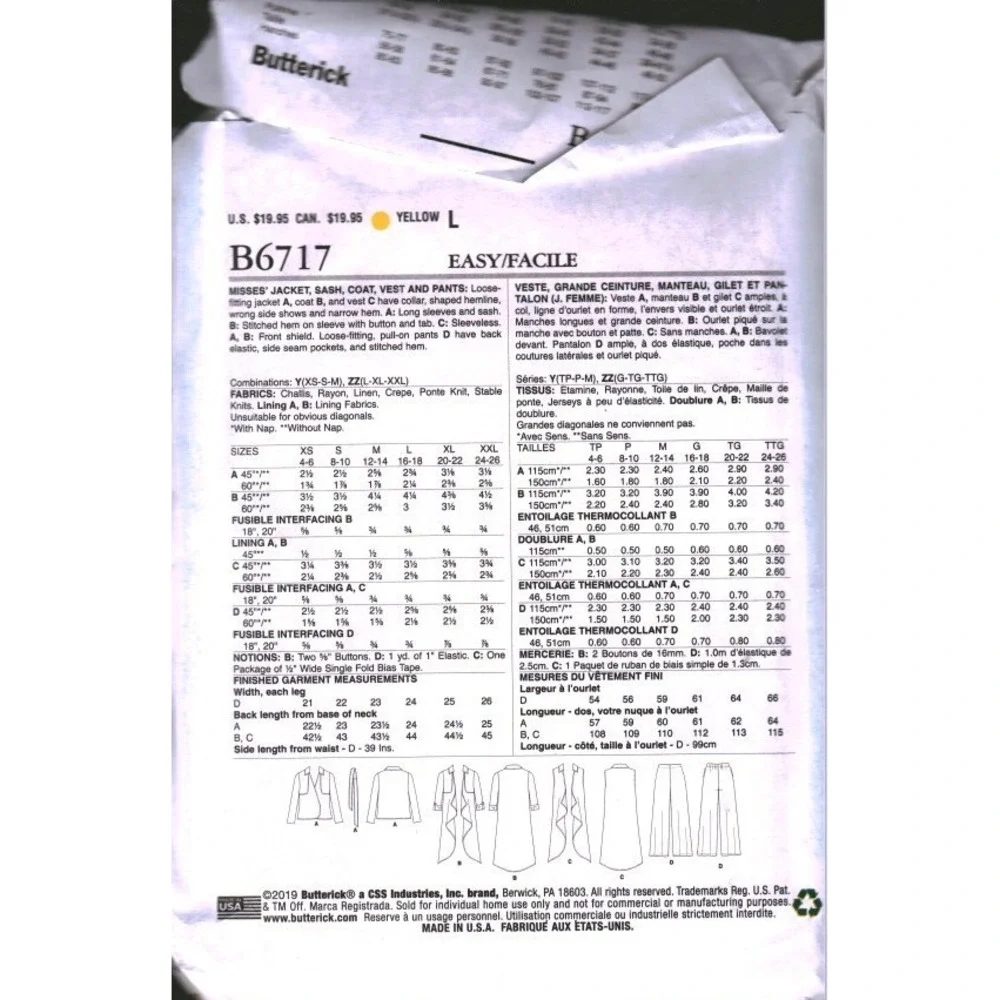 Butterick B6717 Sewing Pattern Misses Jacket Coat Vest Pants Size L